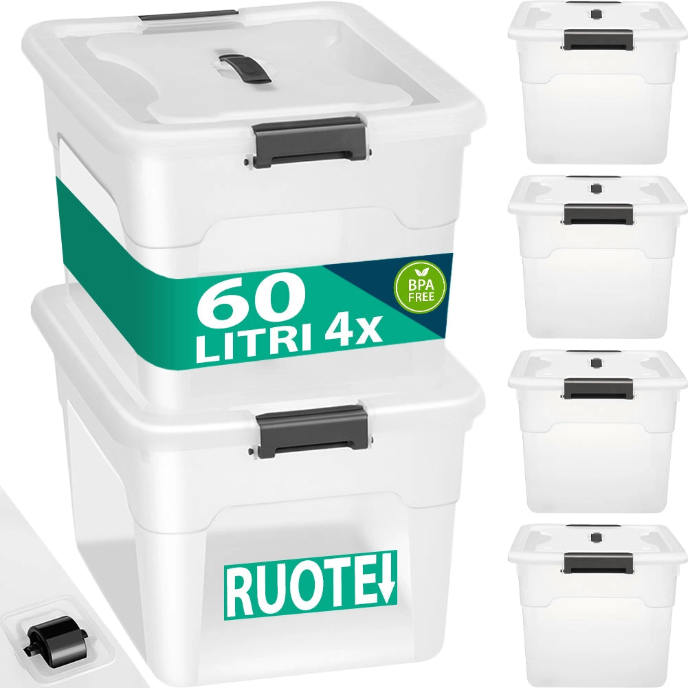 Set 4 Scatole Contenitori Salvaspazio Porta Oggetti da 60L Portaoggetti in Plastica Trasparente