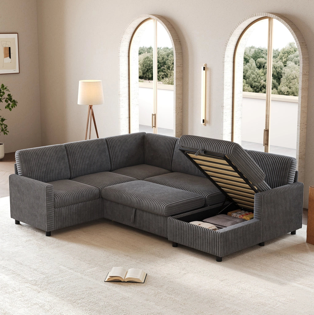 Divano letto angolare a U in velluto a coste grigio con contenitore