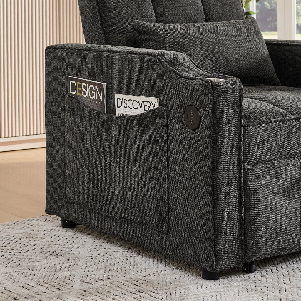 Fauteuil convertible 3 in 1 con funzione letto schienale regolabile a 3 posizioni USB e USB-C in tessuto grigio scuro