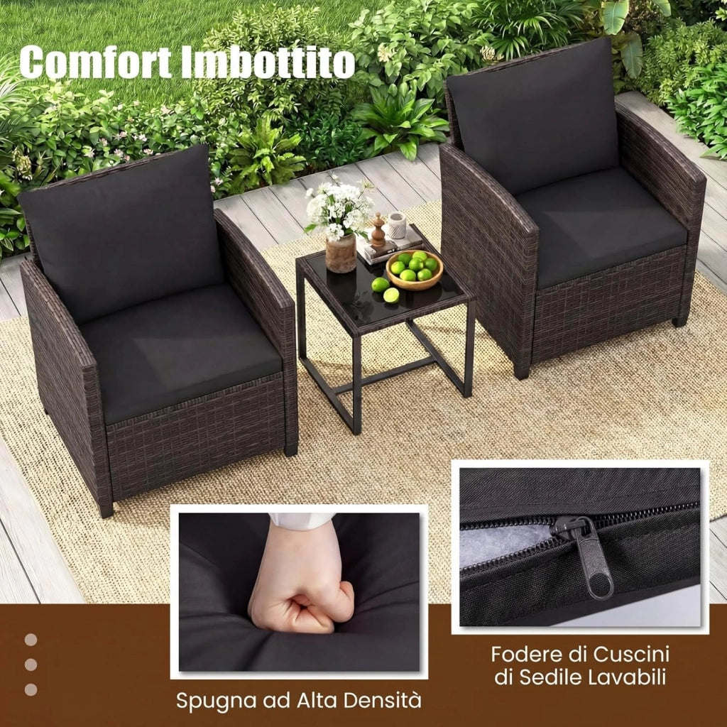 Set Mobili da Giardino 3 Pezzi, Salotto da Esterno in Rattan PE con 2 Poltrone e 1 Tavolino in Vetro Temperato, Set da Conversazione con Cuscini Sfoderabili per Patio (Nero, Modello 5)