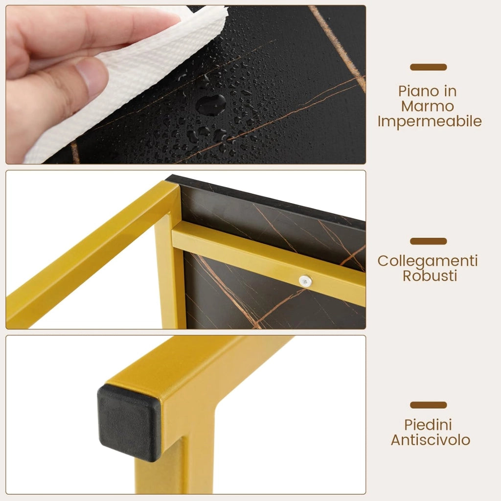 Tavolo Consolle 120 cm, Tavolo d’Ingresso con Piano Effetto Marmorino e Sponda, Consolle con Struttura in Metallo Dorato per Salotto, Corridoio e Ingresso (Nero)