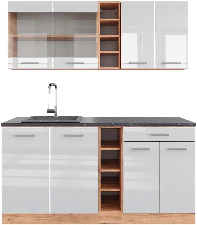 Cucina completa R-Line, Bianco lucido/oro power oak, 160 cm, PL Antracite, adatto per combinazioni ed espansioni personalizzate