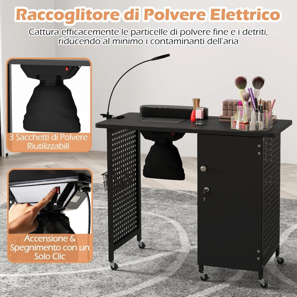 Tavolo Manicure con Aspiratore, Tavolo per Unghie con 6 Ruote Bloccabili, Sacchetti per Polvere, Armadio Chiudibile con 4 Vassoi, Poggiapolsi, Lampada LED e Cestino Metallico, 90x79x45cm