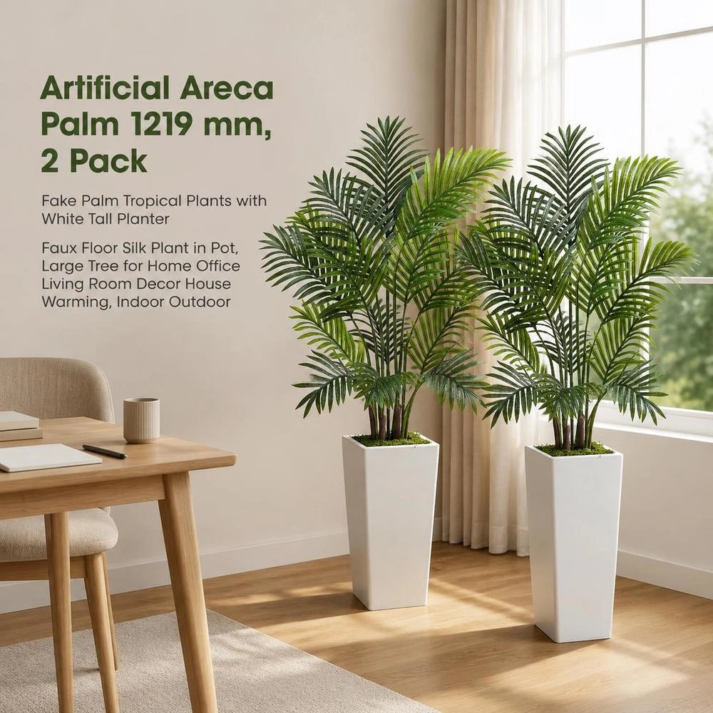 Artificial Areca Palms, 1.2 M, 2-pack, Tropical Plants With White Planter, Artificial Silk Plant In Pot, Artificial Tree For Porches, Living Rooms, Terraces, Home, Office