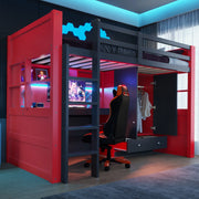 LETTO A CASTELLO 90x200 cm Nero/Rosso con scrivania, armadio e cassetti