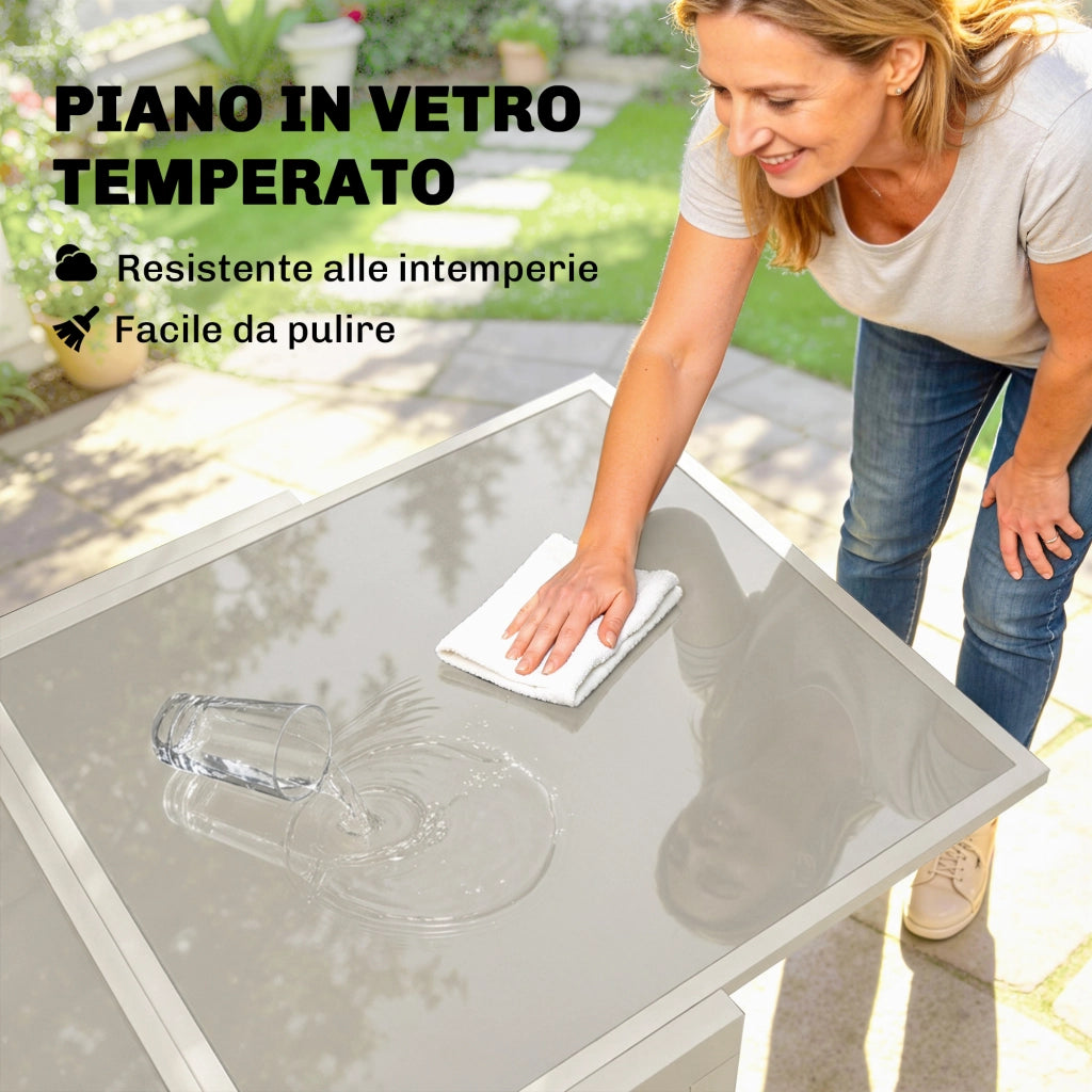 Tavolo Estensibile da Giardino 180x90x75 cm Piano in Vetro Temperato in Alluminio Bianco Crema