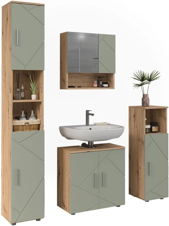 Set di mobili da bagno Irma, Verde salvia, 60 cm, composto da mobile lavabo, pensile a specchio, colonna e base media