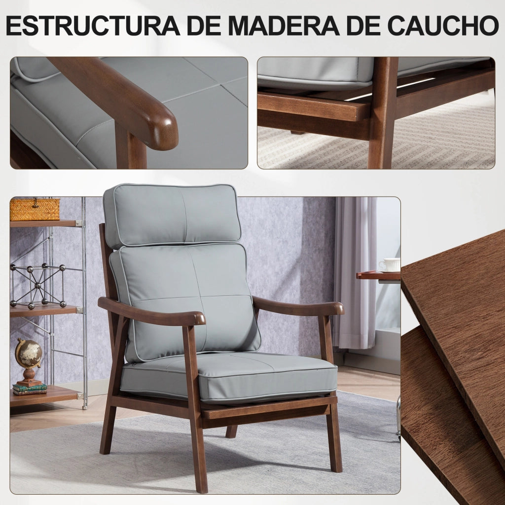 Poltrona in similpelle con braccioli in legno e cuscini imbottiti ¨C Zephmum ¨C Grigio e marrone
