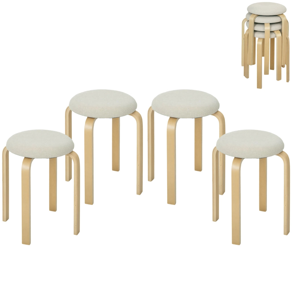 Pouf Imbottito Set 4 Pezzi ¨C Xylo ¨C Impilabile Gambe Legno Crema