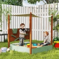 Sabbiera con Tettoia Solare per Bambini, 2 Contenitori per Conservazione, 116L x 112,5P x 128H cm, Legno di Pino, Plastica, Verde