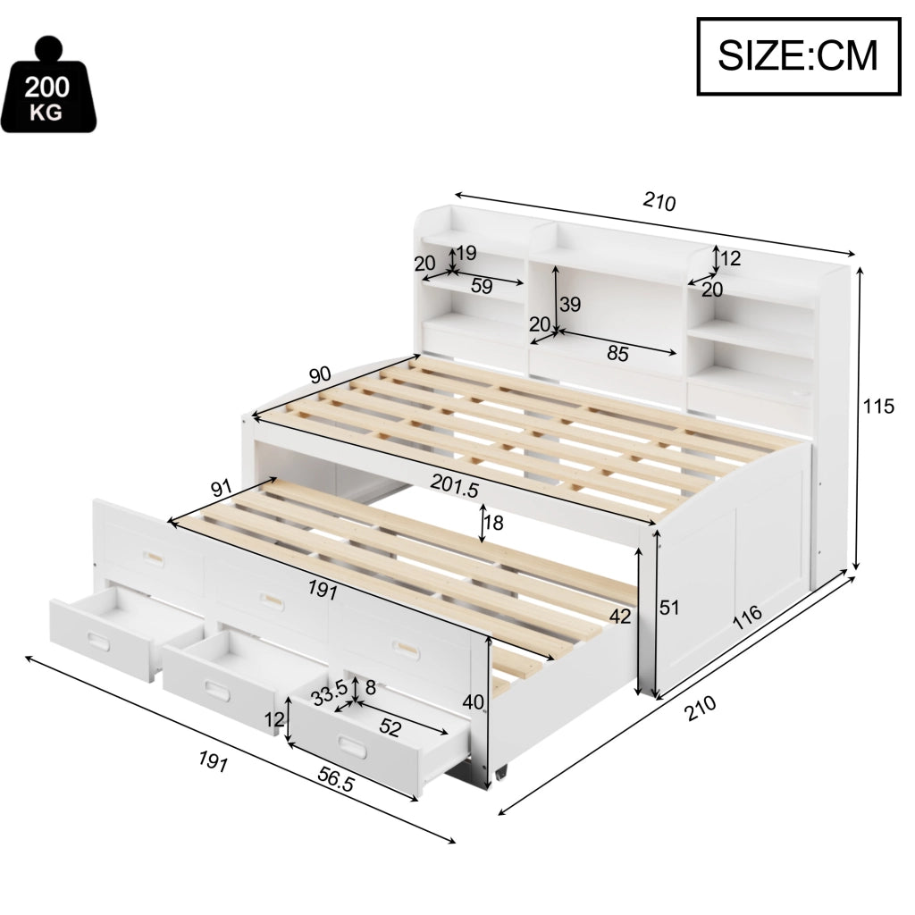 Letto daybed estraibile 90x200 cm con LED; 3 cassetti; USB e Type-C; bianco