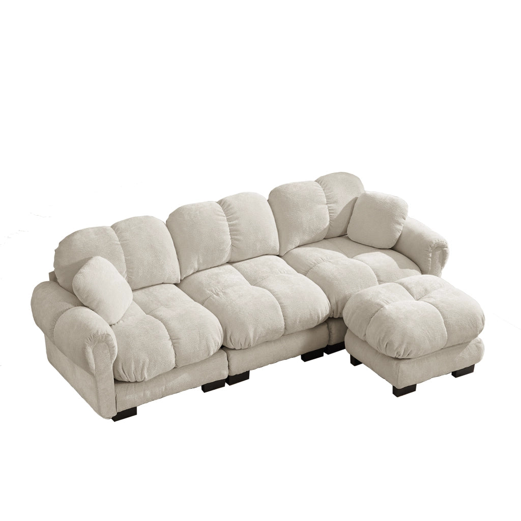 Divano angolare convertibile a 3 posti con cuscini decorativi e chaise longue in chenille beige chiaro