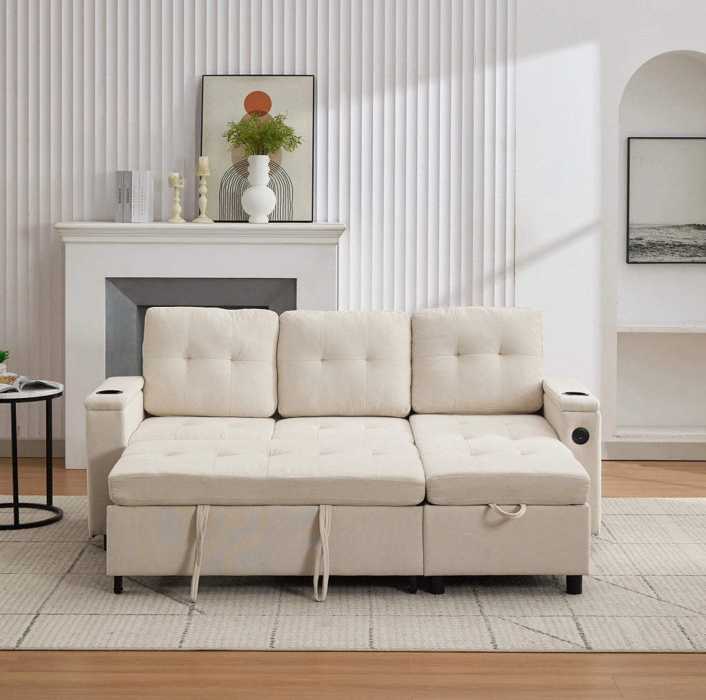Divano letto pieghevole beige con contenitore e luci LED