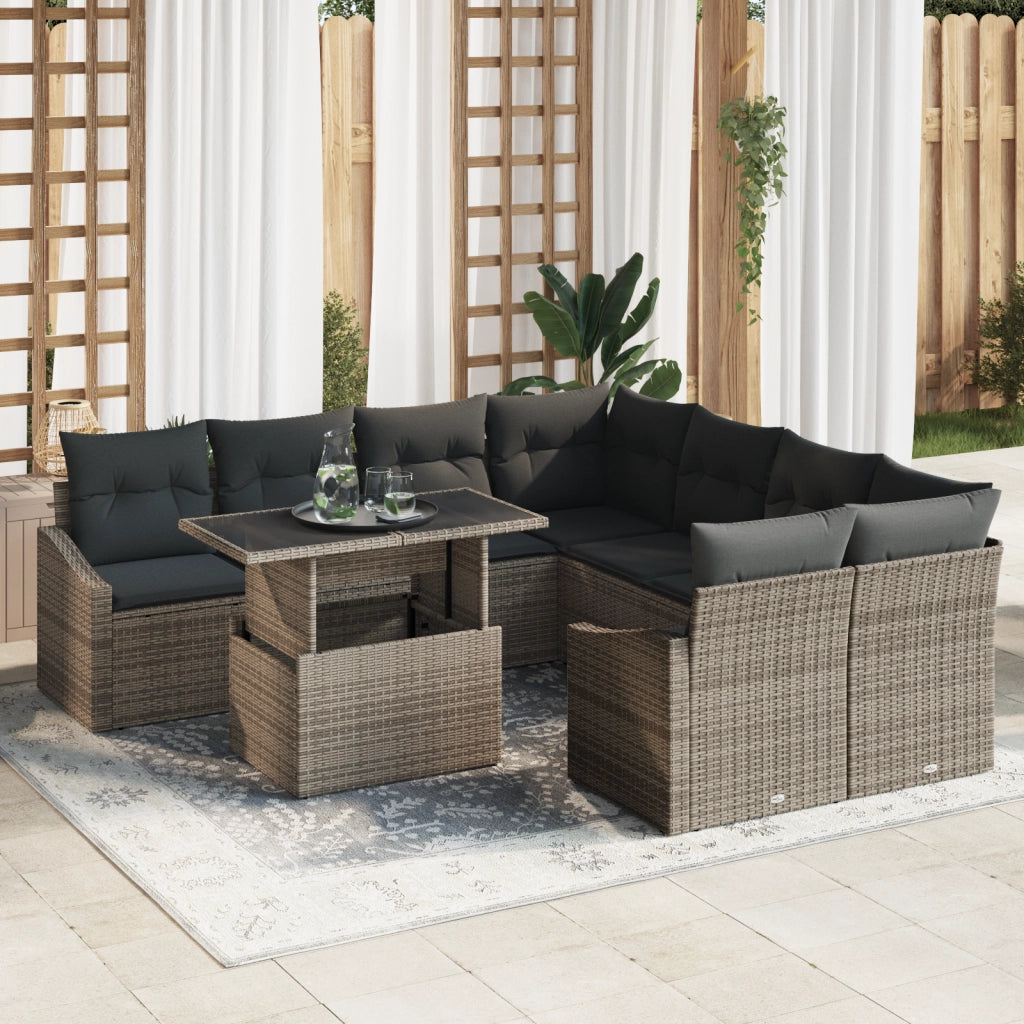 Set Divano Giardino 9 Pezzi con Cuscini Grigio Polyrattan