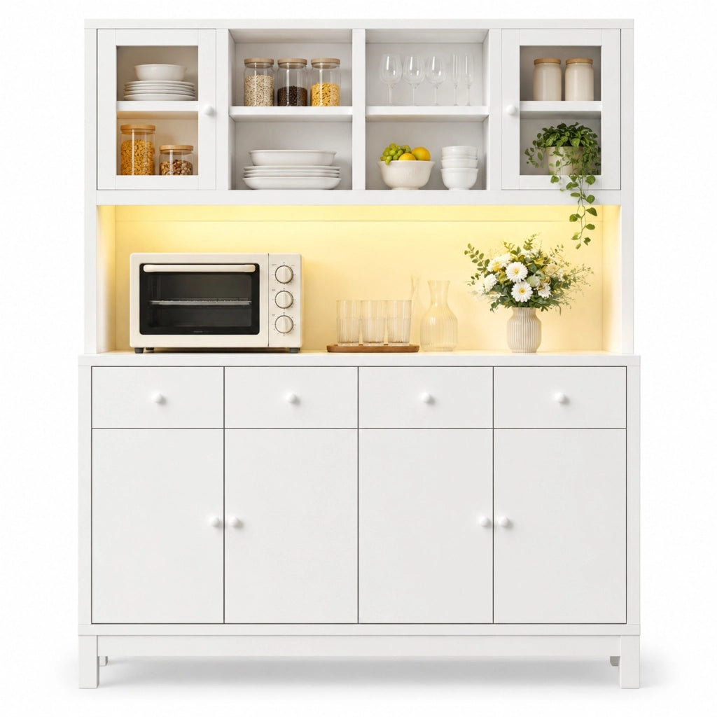 Credenza alta 140x38，5x180 cm in MDF bianco con LED RGB， ante in vetro e 4 cassetti