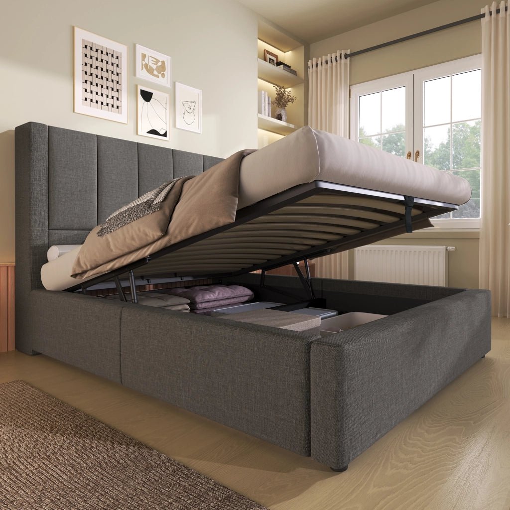 Letto imbottito 90x200 cm con portabicchiere nascosto e stazione di ricarica, contenitore idraulico, grigio