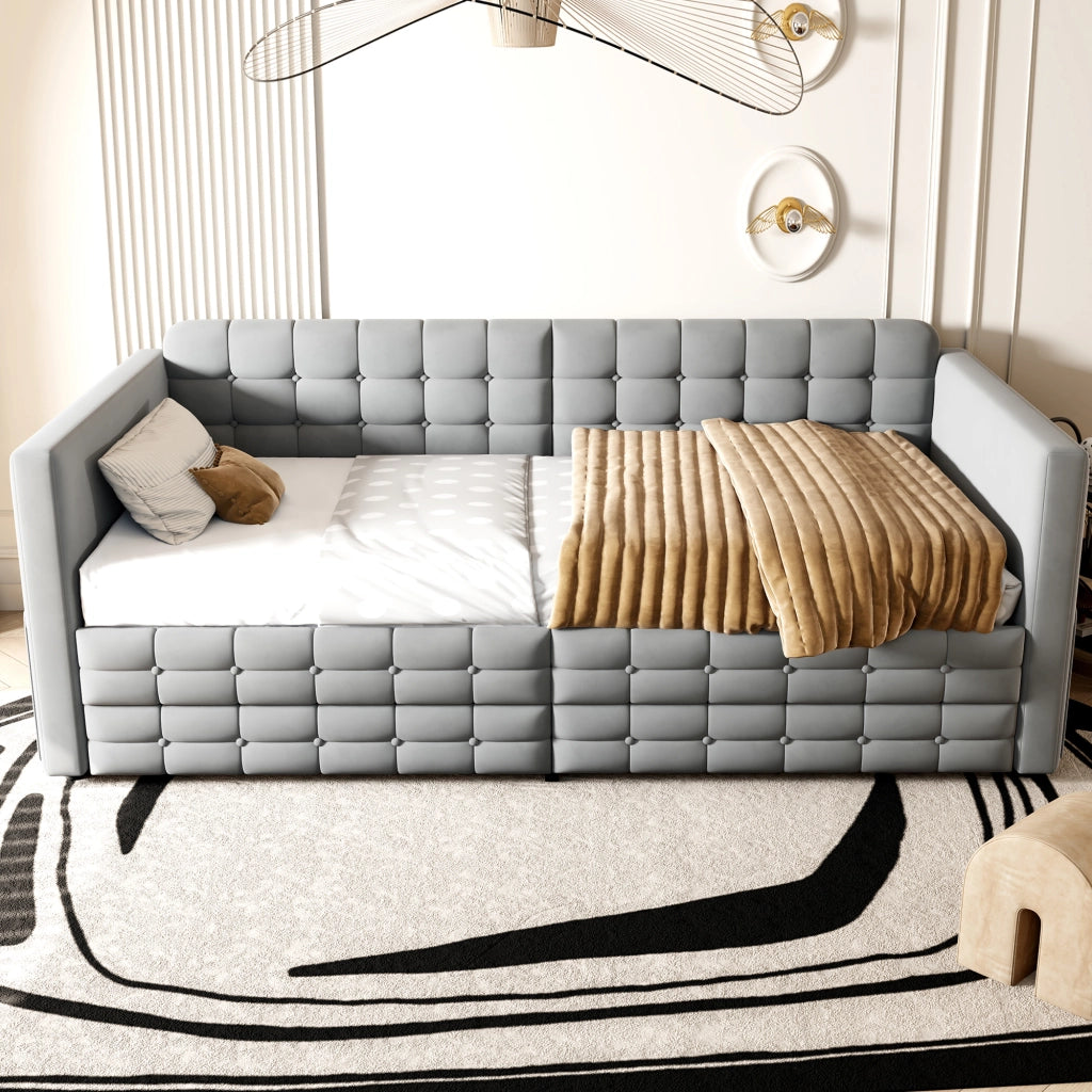 Letto imbottito 90x190 cm con testiera capitonn¨¦, 2 cassetti e tasche laterali, velluto grigio chiaro