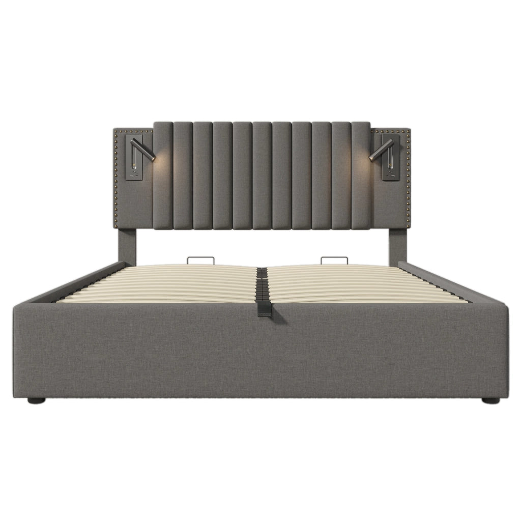 Letti contenitori 140x200 cm; testiera regolabile con luce lettura USB; cotone grigio (Senza materasso)
