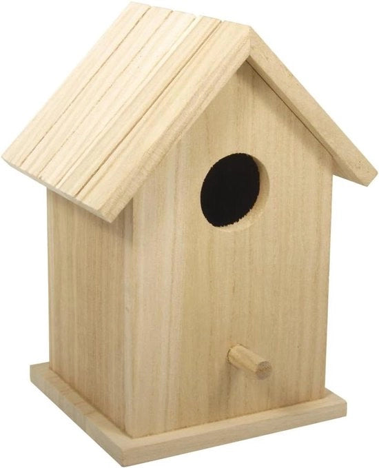 Casa per Uccelli Decorativa in Legno per Decorazione 12,5 x 10 x 17 cm (Altezza) - Progetto a Due Pezzi con Design in Piedi e Copertura Removibile - Legno Naturale Certificato FSC