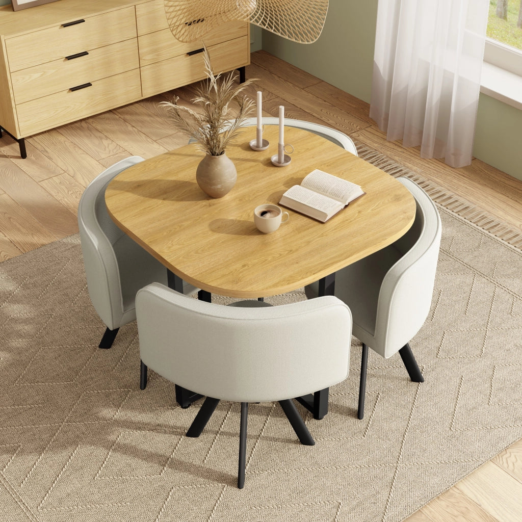 Set da pranzo composto da 4 sedie in lino e un tavolo (85 x 85 cm) con finitura effetto legno, color beige