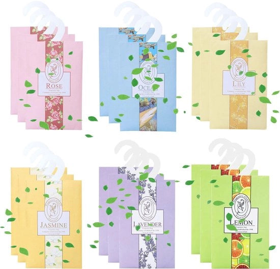 Set di profumatori per abiti 18 pezzi - Aromi naturali Lavanda/Giaggiolo/Lilium/Rosa/Mare/Citrus - Per armadio/auto - Profumo persistente - Confezione elegante - Deodorante per aria