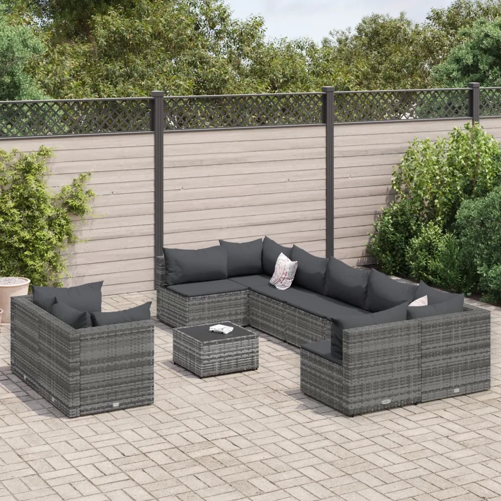 Set Divano da Giardino 10 pz con Cuscini Grigio in Polyrattan