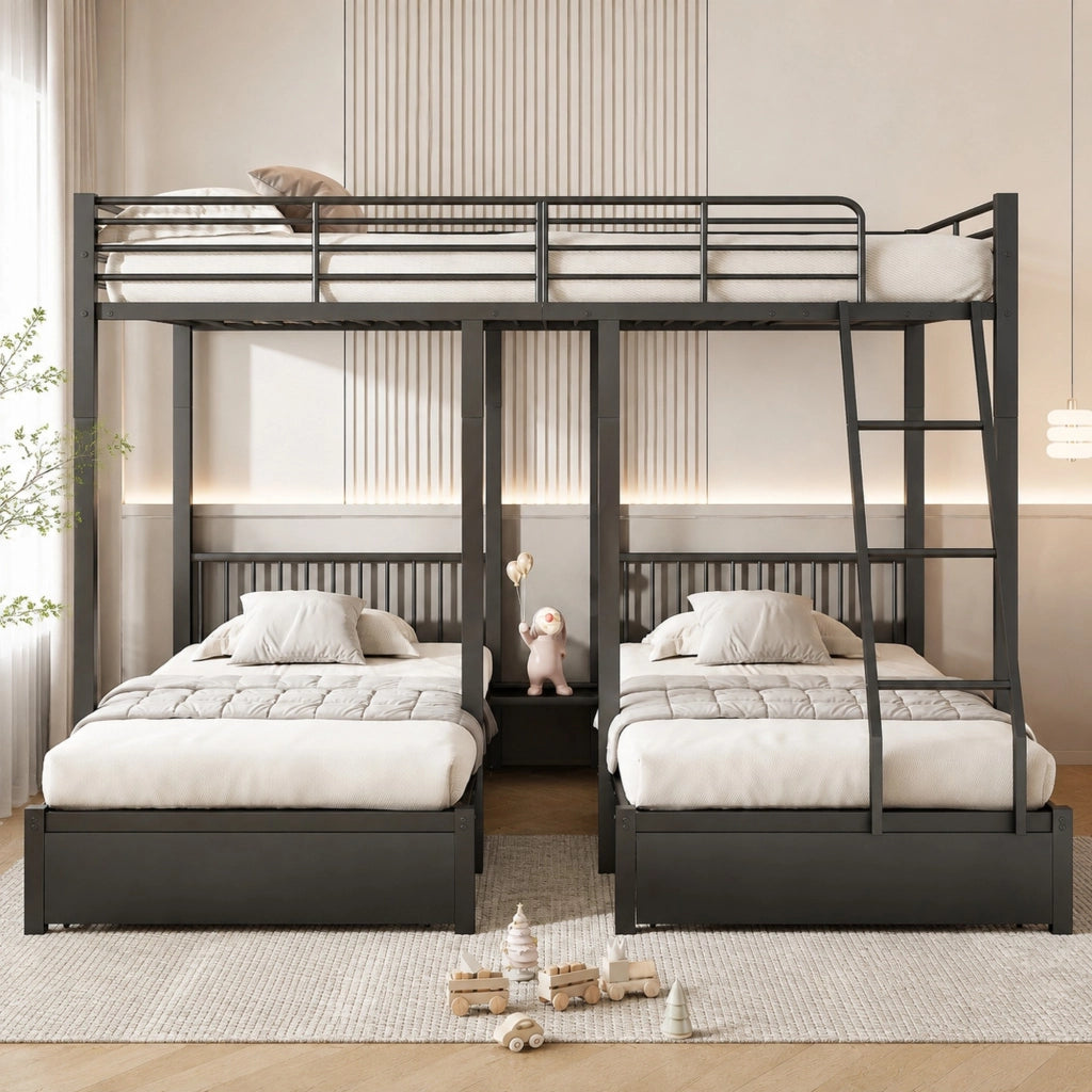 Letto a castello triplo in metallo con cassetti estraibili, trasformabile in 3 letti separati 140 x 200 e 90 x 200
