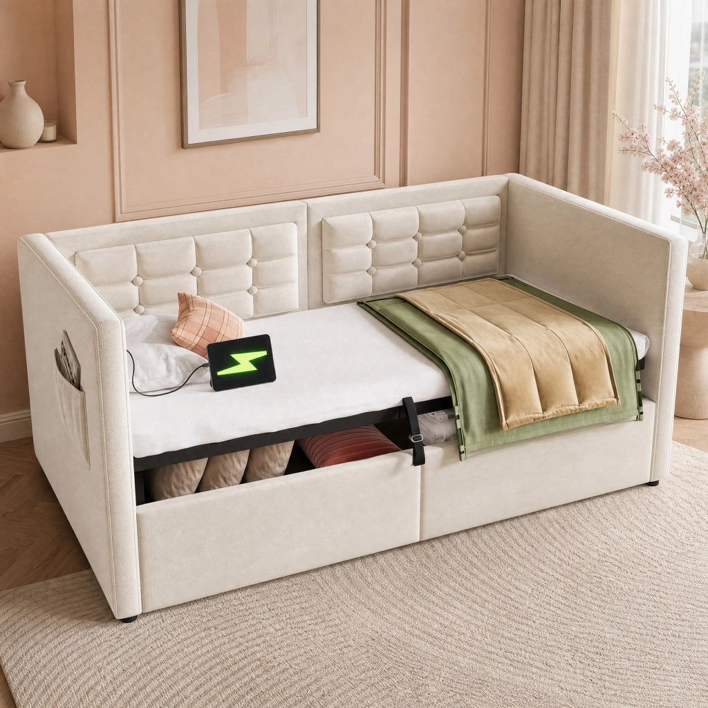 Divano letto imbottito 90x200 cm in velluto beige con contenitore idraulico e porta USB/Type-C