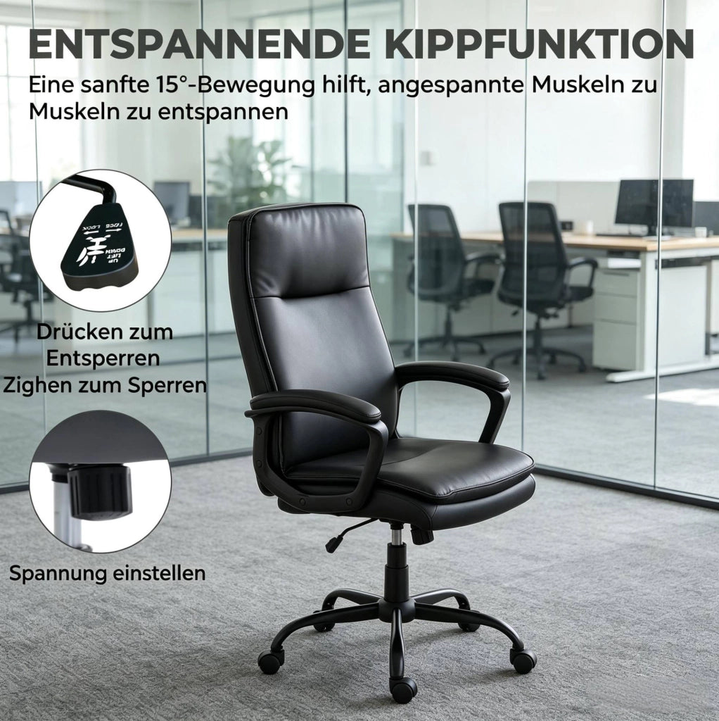 Sedia da ufficio ergonomica nera in PU con altezza regolabile e funzione inclinabile