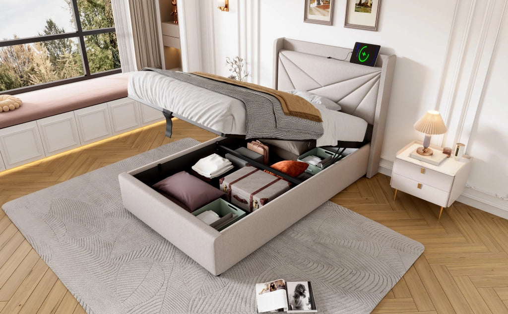 DESMIU Letto singolo 1 posto con vano contenitore, USB e Type-C, 90 × 200 cm, senza materasso, in lino di cotone, beige