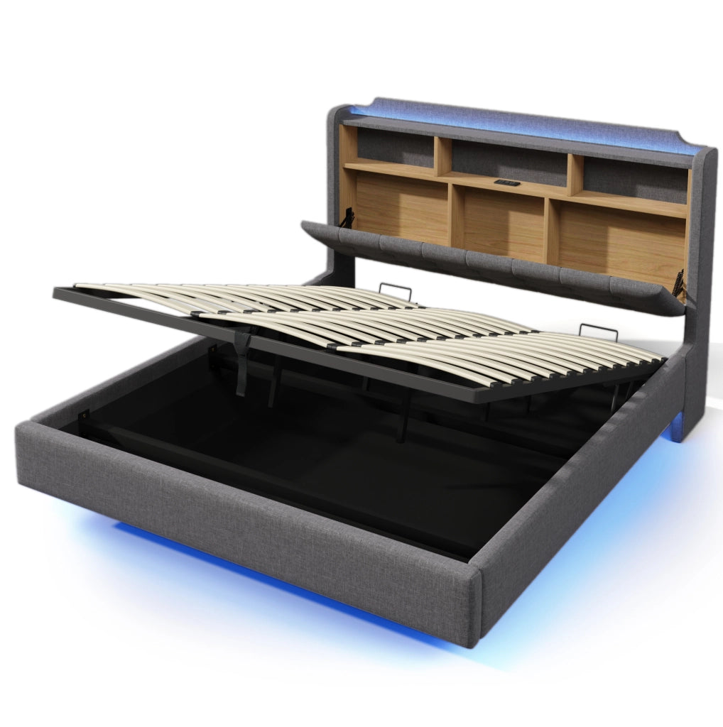 Letto imbottito 180x200 cm con illuminazione LED; contenitore idraulico; in lino e MDF; grigio