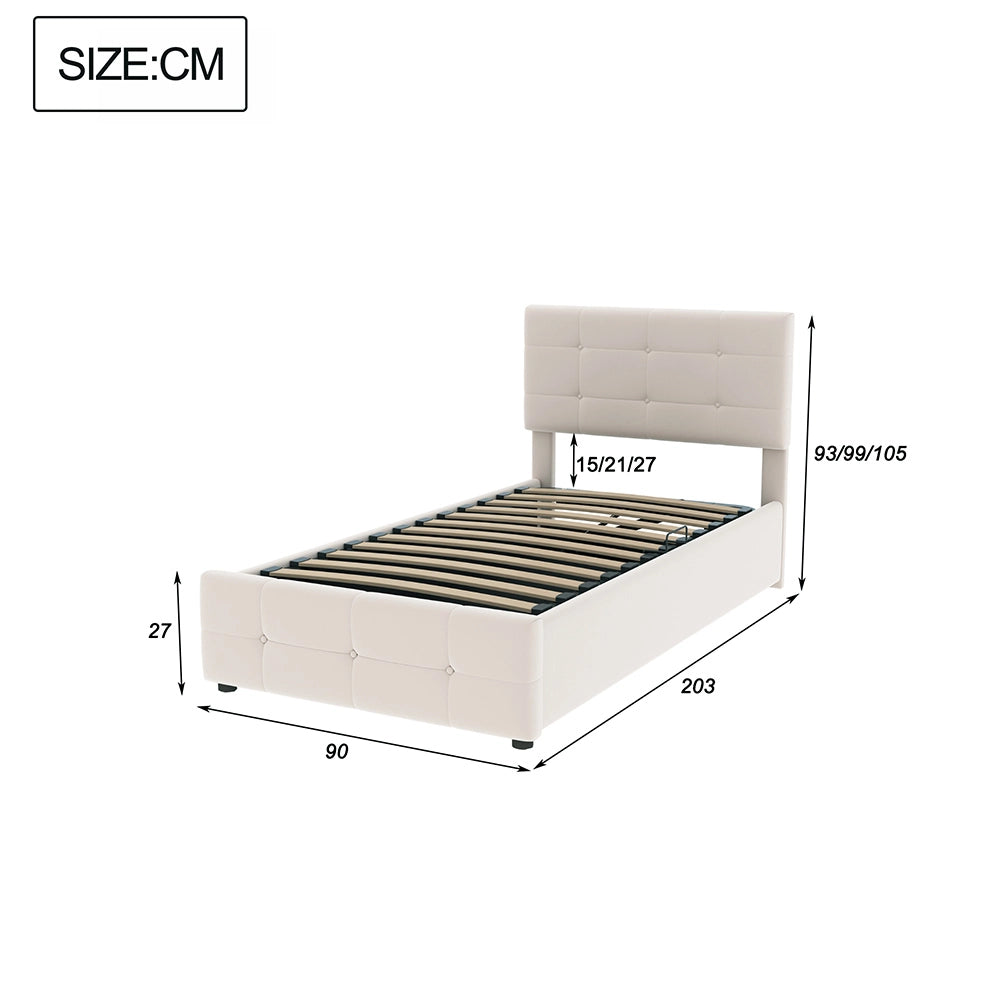 Letto a cassone imbottito per bambini - Xylo - 90x200 cm - Beige - Testiera regolabile in altezza, sistema idraulico