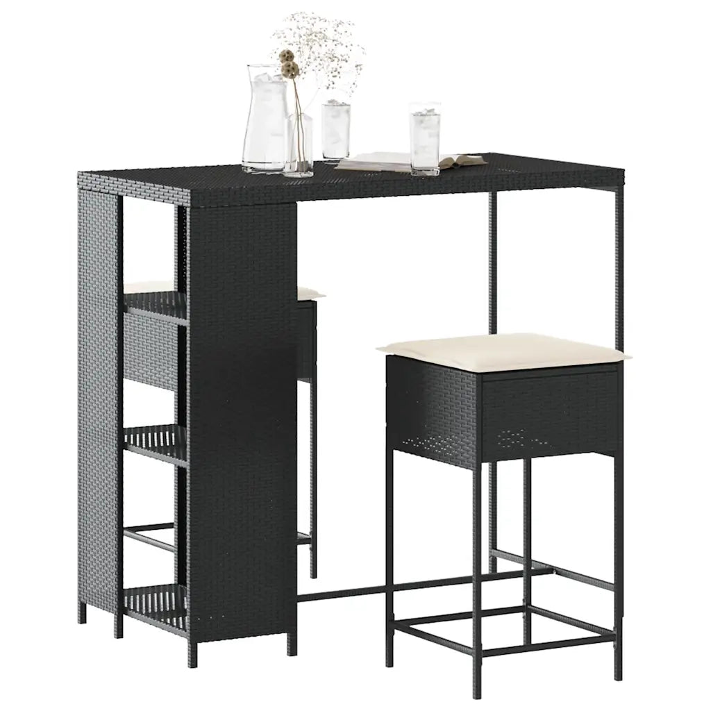 Set Bar da Giardino 3 pz | Set Salotto da Giardino con Cuscini in Polyrattan Nero