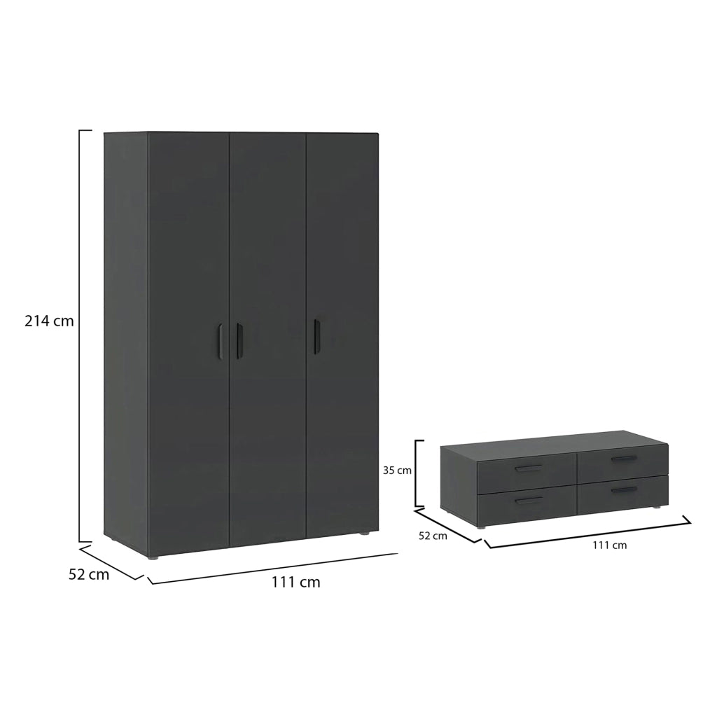 Armadio Camera da Letto Randazzo, Guardaroba 3 Ante Appendiabiti, 111x52 cm Nero Antracite