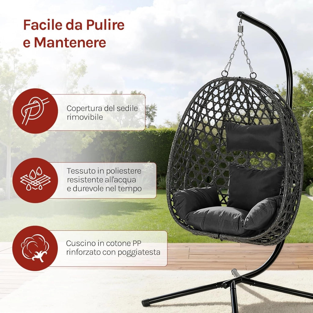 Poltrona Sospesa a Uovo, Sedia Sospesa con Supporto in Metallo, Cuscino e Poggiatesta, Altezza Regolabile, in Rattan PE, per Giardino, Terrazza, 102x100x196 cm, Nero