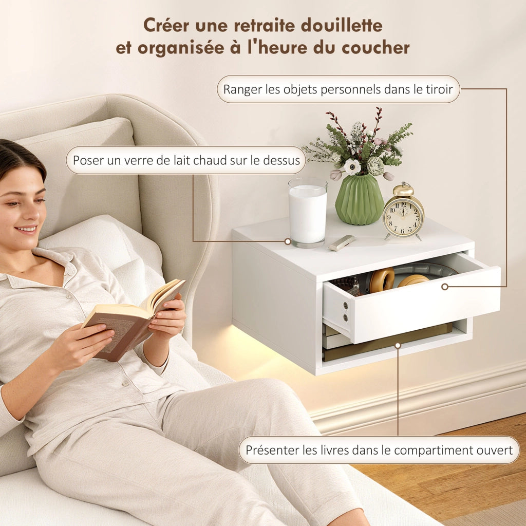 Comodino sospeso con luce LED RGB, scaffale, cassetto ¨C Minimal ¨C bianco, 37x32x21cm