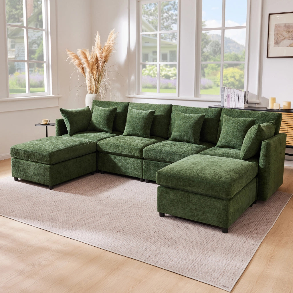 Divano Modulare U e L con 2 Poggiapiedi e 6 Cuscini in Tessuto Chenille ¨C Xylo ¨C Verde