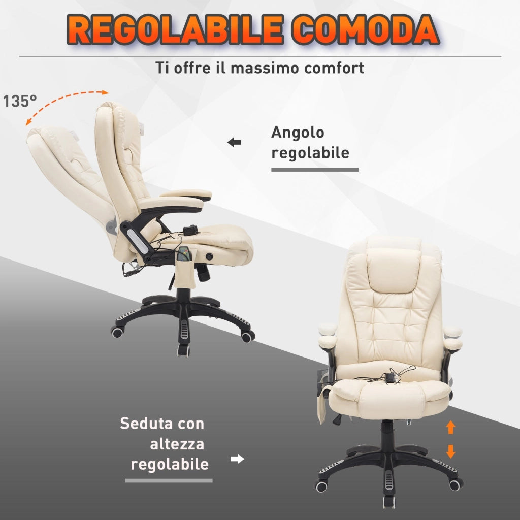 Sedia Poltrona Massaggiante da Ufficio 62x68x121 cm con Riscaldamento in Similpelle Beige
