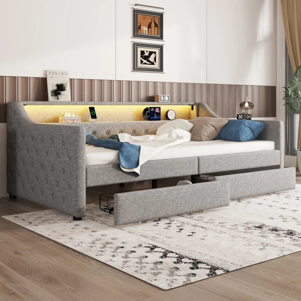 Letto daybed 90 x 200 cm con luce LED, due cassetti e porta USB