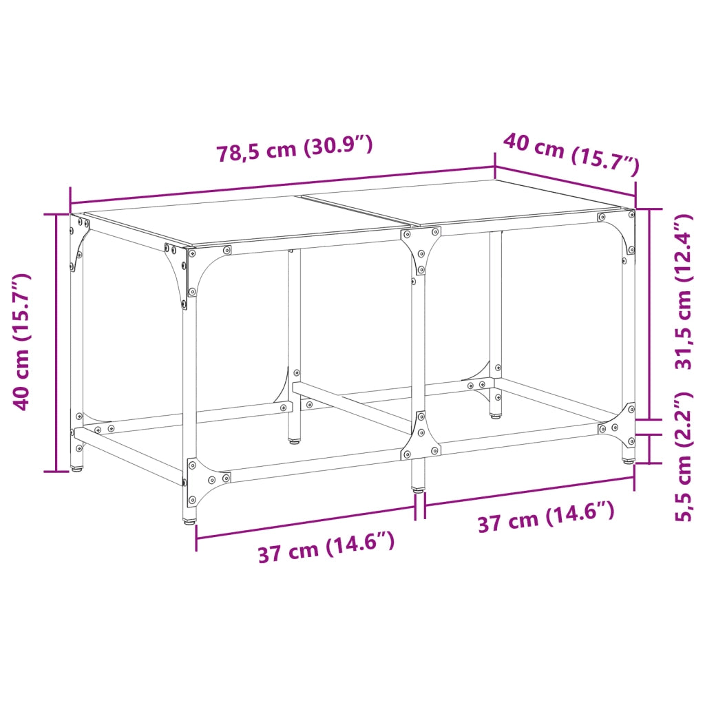 Tavolini con Piano Vetro Trasparente 2 pz 78,5x40x40 cm Acciaio