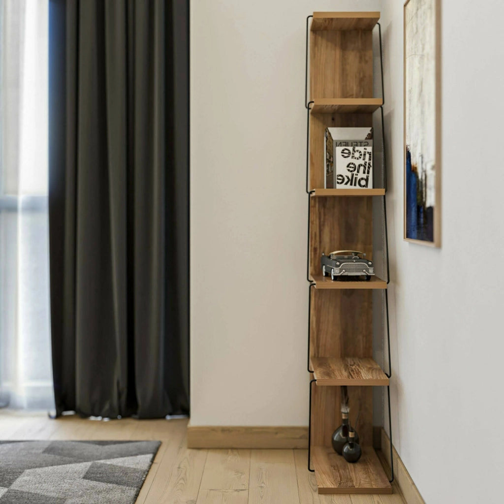 Libreria Erminia, Scaffale da ufficio, Mobile portalibri, Biblioteca, 50x22h150 cm, Quercia e Nero