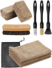 Set di pulizia auto 9 pezzi, microfibre e spugne, spazzola per dettagli, spazzola a setole di cavallo naturale per sedili, cura pelle, pulizia interni