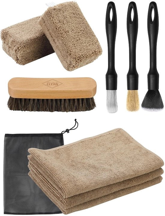 Set di pulizia auto 9 pezzi, microfibre e spugne, spazzola per dettagli, spazzola a setole di cavallo naturale per sedili, cura pelle, pulizia interni