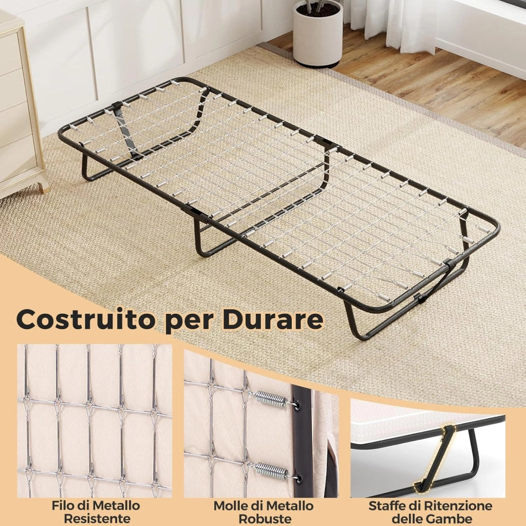 Brandina Pieghevole con Materasso, in Memory Foam, Lettino Pieghevole Robusta e Molle Resistenti, Made in Italy, 190 x 80 cm, Carico 120kg (Stile 2 Beige)