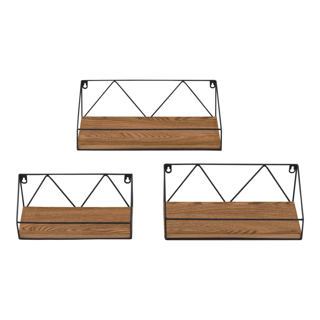 Set di 3 Mensole da Muro / Parete in Misure Diverse, 3 Consolle Pensili con Telaio Nero in Ferro, Mensole Portaoggetti / Libreria - Piano in Effetto Legno Scuro