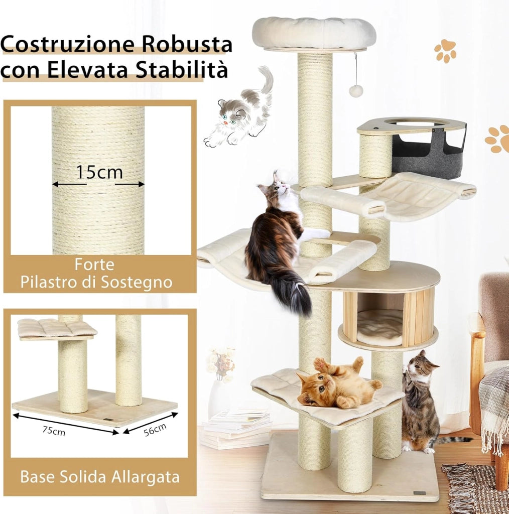 Albero per Gatti 197 CM, Tiragraffi per Gatti a Più Livelli con Nicchia in Legno, Trespolo Superiore, Amache, Cestello Sospeso, Tiragraffi con Pali in Sisal e Palline