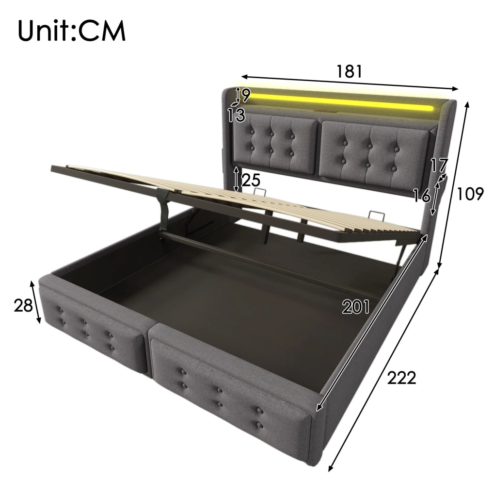 Letto matrimoniale 180x200 cm con contenitore; testiera con LED; prese e USB; grigio