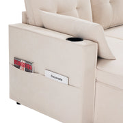 Divano Panoramico Convertibile a U 4 Posti con Contenitore; Portabicchieri e Cuscini; in Cotone Lino Beige