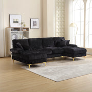 OKWISH Divano Panoramico a U, con 2 Chaise Longue, 4 Cuscini Schienale e 2 Cuscini, Ciniglia, Nero