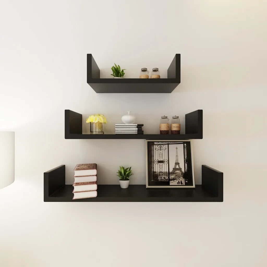 Mensole a Parete 3 pz Nere in MDF a U per Libri/DVD 242175